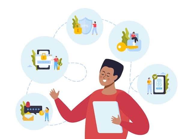 A person happily managing multiple survey accounts on their tablet and smartphone, surrounded by icons representing various survey platforms.