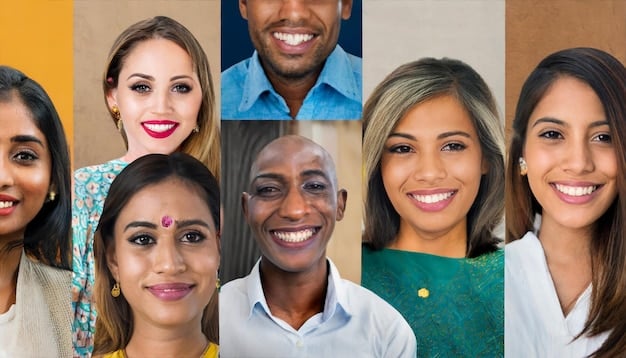 A close-up of a diverse group of people, representing various ethnicities and age groups, all smiling and looking towards the viewer. The image conveys inclusivity and diversity