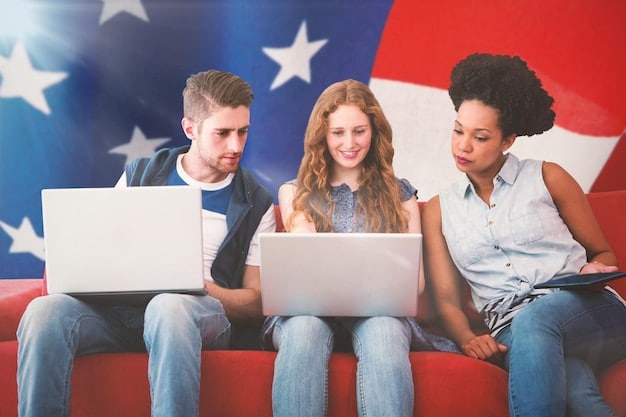 A diverse group of people using laptops and tablets, each with a speech bubble containing survey questions above their heads. The background features an American flag and stylized dollar signs.