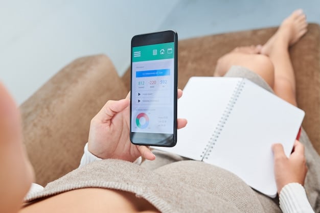 A hand holding a smartphone displaying a survey app, with a progress bar showing completion. The background is a blurred image of a person relaxing on a couch.