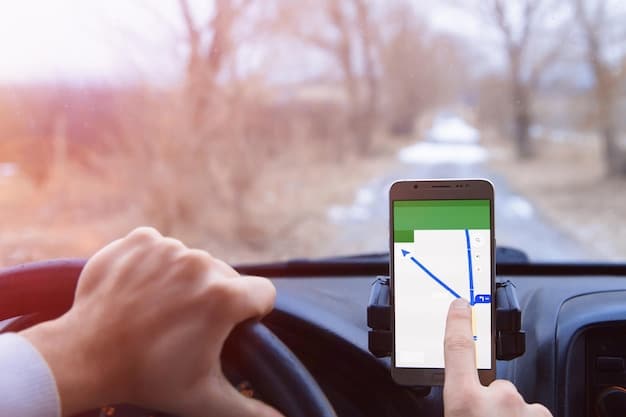 A driver using a navigation app on their smartphone mounted on the dashboard, showing an optimized route with real-time traffic updates and suggested fuel-efficient routes.