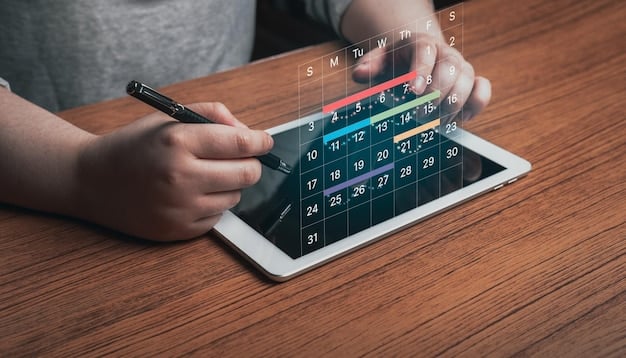 A digital calendar app on a tablet showing various appointments and tasks, highlighted with different colors to denote different priorities.
