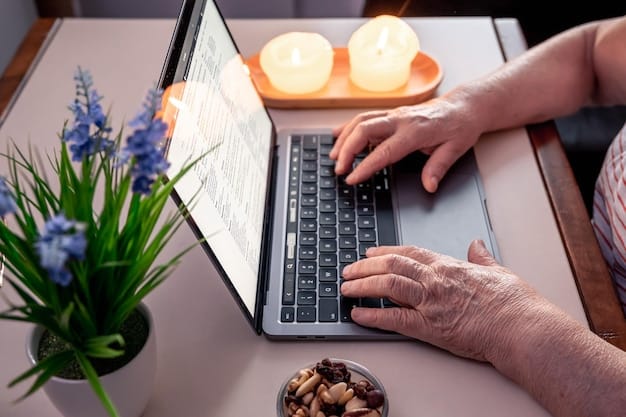 A close-up of a person's hands using a laptop, with a retirement planning spreadsheet visible on the screen. The spreadsheet shows various investment options, projected growth, and contribution amounts. The background is a cozy home office setting.