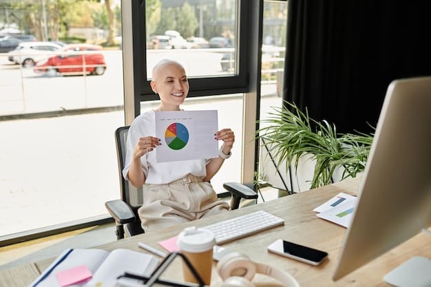 A person is sitting at a desk, smiling while looking at a graph showing the projected growth of their retirement savings. The graph is displayed on a large monitor in a well-lit, modern office. There's a calculator and a notebook next to the monitor.