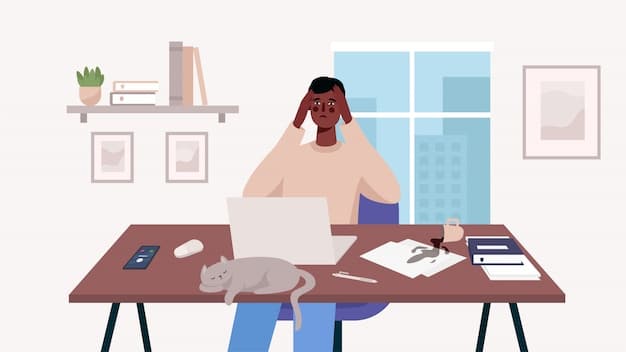 A person sitting at a desk with their head in their hands, looking frustrated. The scene should illustrate the feeling of being overwhelmed and unable to cope with work demands.
