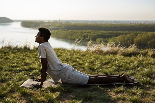 A person practicing yoga or meditation in a peaceful setting. The image should convey a sense of calm and relaxation, emphasizing the importance of mental and physical well-being.