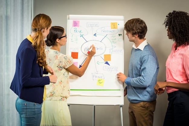 A digital marketing team collaborating around a whiteboard filled with SEO strategies and content ideas, illustrating the importance of teamwork in this sector.