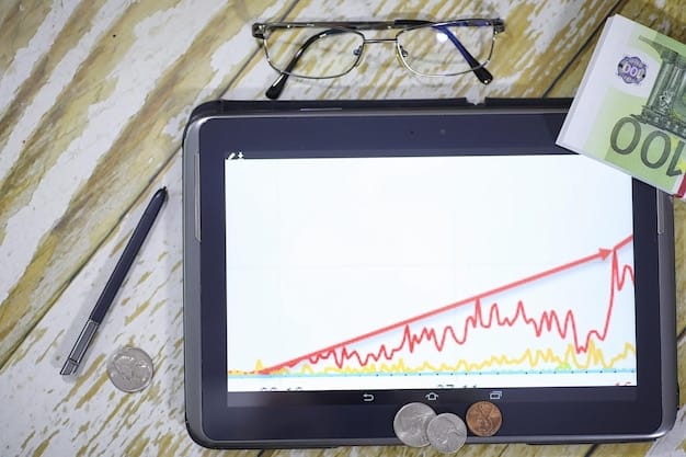 A digital graph showing a wavy income line (representing fluctuating gig worker income) balanced out by a solid, horizontal line representing the emergency fund safety net. The graph has dollar signs and coins around it.