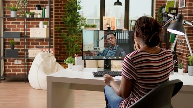 A person conducting a virtual meeting in their home office, showcasing the modern interpretation of client meetings happening within a dedicated home workspace.
