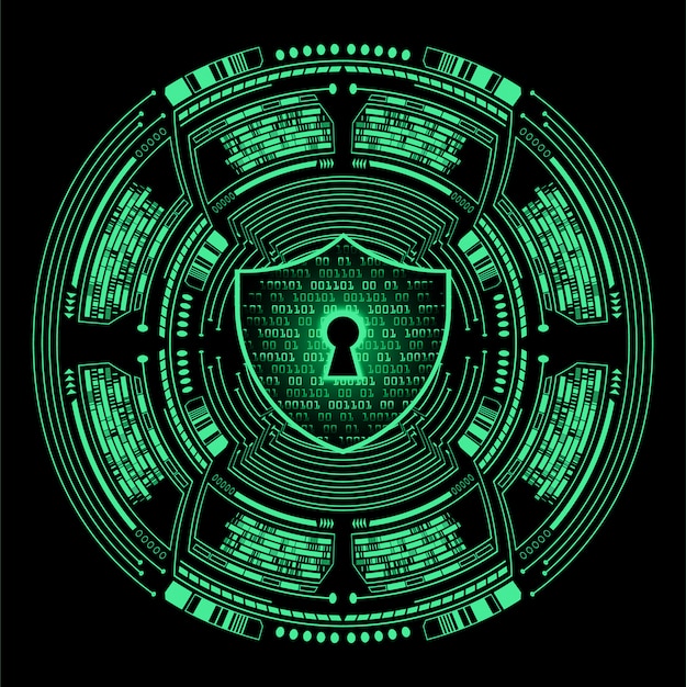 A digital graphic showing a shield with a lock inside, symbolizing cybersecurity, surrounded by icons representing remote workers, laptops, and data streams. The color palette is dominated by blues and greens, conveying trust and security.