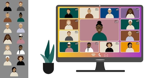 A diverse group of people participating in a video conference, representing remote employees from different backgrounds. The scene is professional and collaborative, highlighting inclusivity and connectivity in a remote work setting.