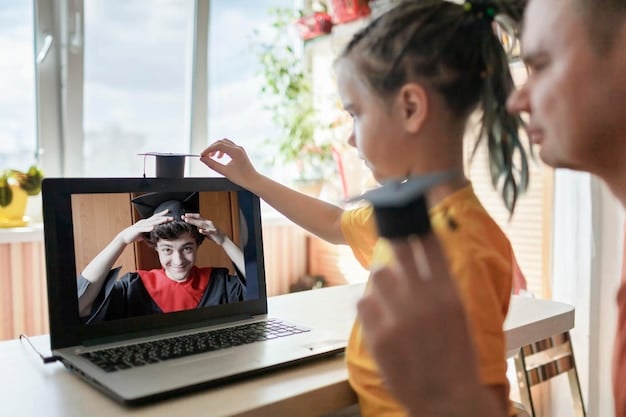 A split-screen image. On one side, a frazzled parent is on a video call, looking stressed, while their child tugs at their arm. On the other side, a parent is calmly working at their desk, while their child is engaged in a quiet activity nearby.