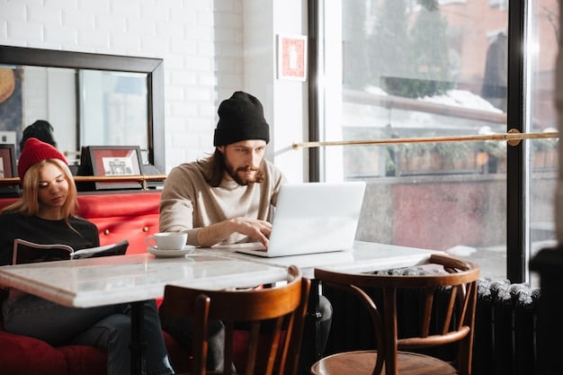 A freelance worker using a laptop in a cozy coffee shop, illustrating the flexibility and independence associated with the gig economy. The scene includes a cup of coffee, a notebook, and a relaxed atmosphere.