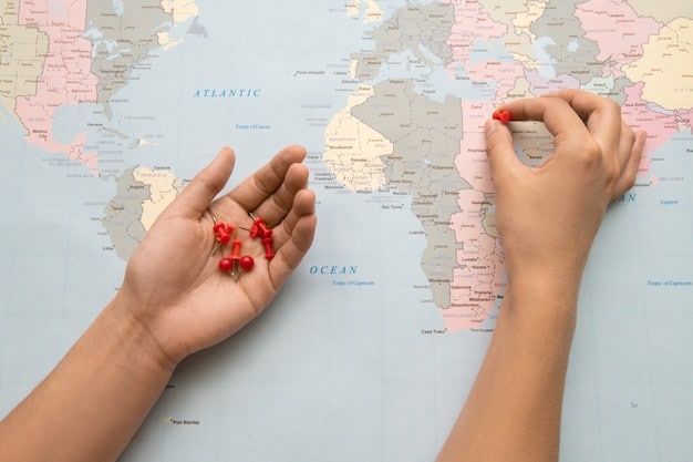 A world map on a corkboard with pins marking various locations. A hand is placing a new pin on the map, representing the person's next destination.