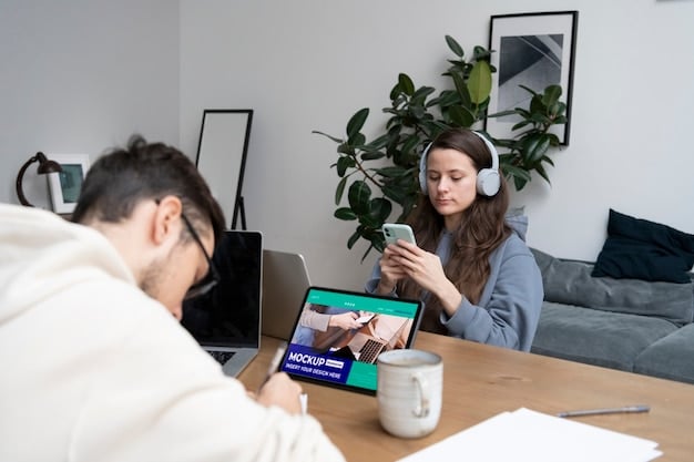 A person participating in a video conference call, actively listening and engaging with other participants. The setting is a modern home office, emphasizing the importance of virtual communication.