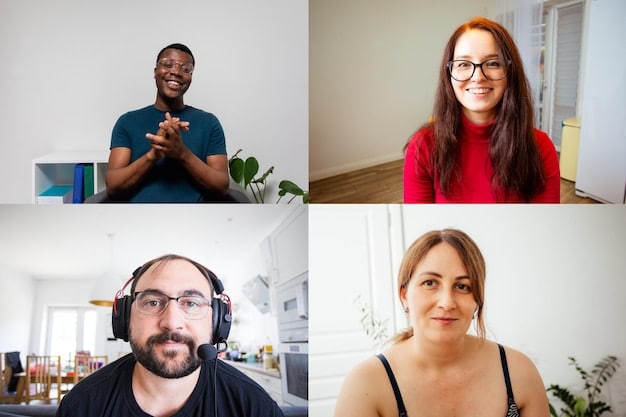 A diverse group of professionals participating in a video conference call, showing different home office settings and backgrounds. The expressions on their faces indicate engagement and collaboration.