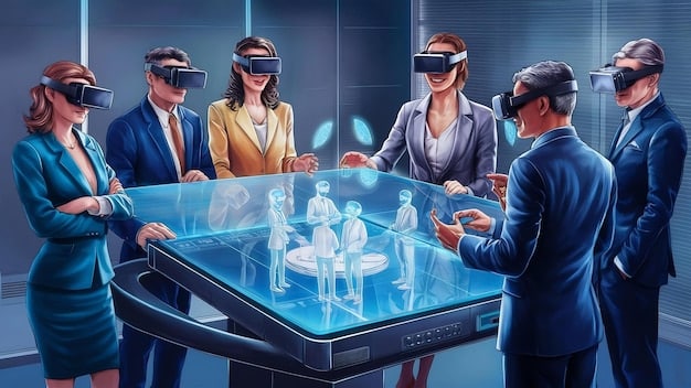 A futuristic depiction of a virtual office in the metaverse, with avatars of employees collaborating around a holographic table and interacting with virtual tools and interfaces.