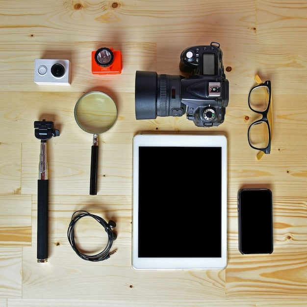 A photographer sharing their work on social media using a tablet, surrounded by various photography tools and equipment, highlighting the importance of online presence and promotion.
