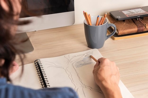 A person sitting at a desk, sketching out designs in a notebook while also working on a tablet displaying design software. The atmosphere is creative and focused, highlighting the initial stages of creating print-on-demand products.