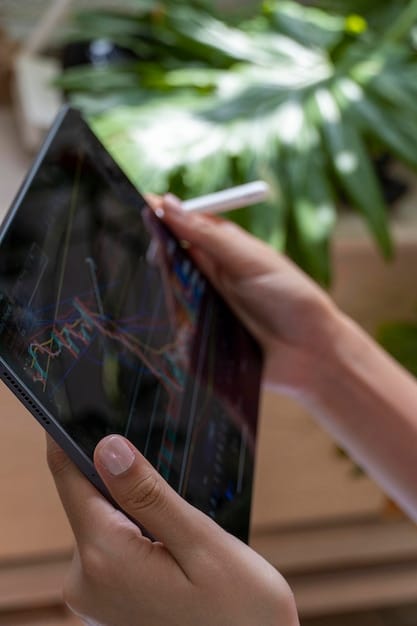 A close-up of a hand interacting with a content automation tool on a tablet, with charts and data visualizations in the background. The scene is well-lit and professional.