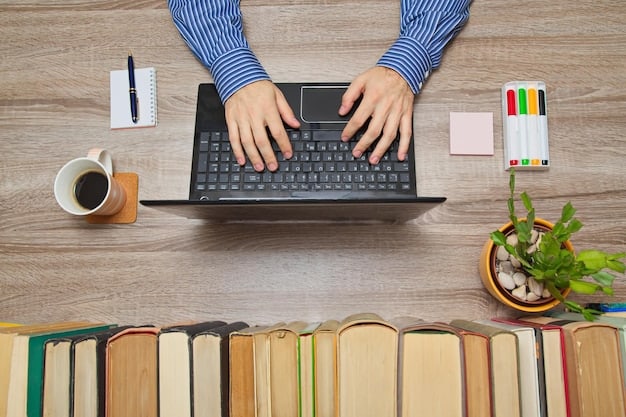A person typing on a keyboard, surrounded by books and research materials, representing the process of research and content creation for a blog post.