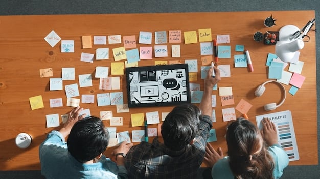 A brainstorming session with sticky notes and a whiteboard filled with digital product ideas, such as online courses, templates, and ebooks. The image conveys collaboration and creativity.