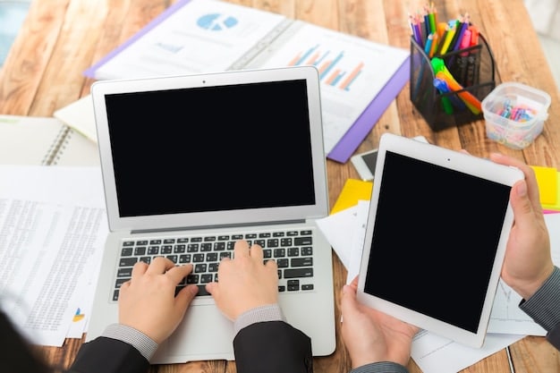 A person sitting at a desk with multiple devices (laptop, tablet, smartphone) each displaying different survey and micro-task platforms, illustrating the concept of diversifying income streams.