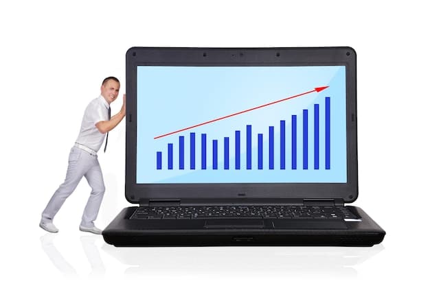 A person using a laptop with a graph displayed on the screen showing a rising trend for a specific product category. The setting is a modern home office, emphasizing the convenience of dropshipping research from anywhere.