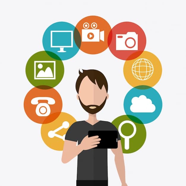 A person working on a digital tablet with various icons representing different forms of online income creation, such as blogging, video editing, graphic design, and music production. The person should look inspired and focused.