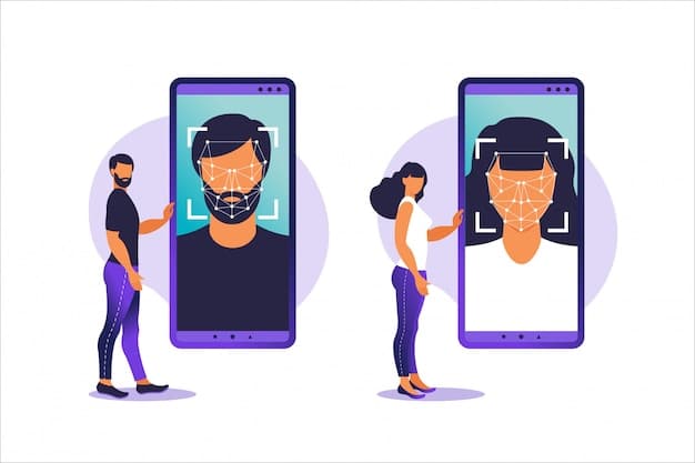 A split screen showing a fingerprint scanner on one side and a person's face being scanned by a mobile phone on the other, illustrating the different biometric authentication methods.