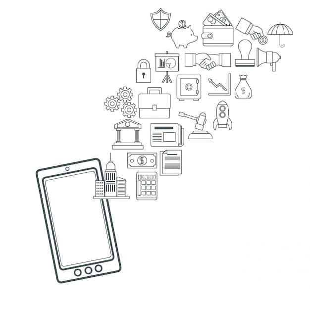 A minimalist graphic showing different types of fintech applications, such as mobile payments, online banking, and crypto trading, connected by a network, illustrating the interconnectedness and pervasiveness of fintech in modern finance.