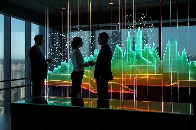 A futuristic office scene with employees interacting with holographic financial data, illustrating the integration of technology in finance-related jobs and the changing nature of work.