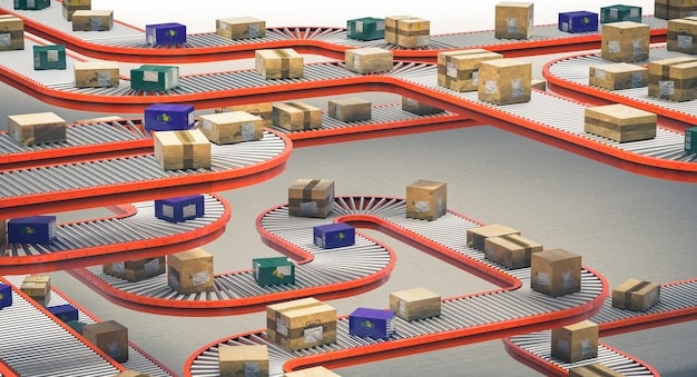 A diagram illustrating a product's journey through a blockchain-enabled supply chain, starting from the manufacturer, passing through distribution centers, retailers, and finally reaching the end consumer, with each step recorded on the blockchain.
