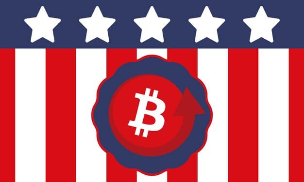 A graphic representation of cryptocurrency coins forming a loyalty reward symbol, with the US flag subtly overlaid in the background, illustrating the concept of blockchain-based loyalty rewards in the United States.