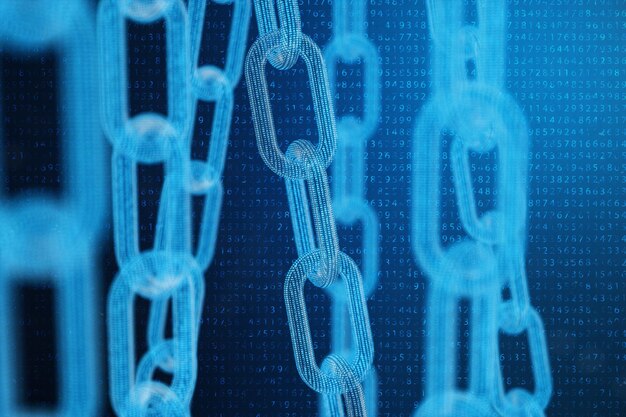 A close-up image depicting encrypted data blocks forming a chain, symbolizing the security and immutability features of blockchain in healthcare data management.
