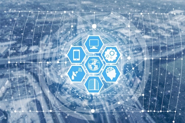 A graphical representation of various healthcare systems and devices connected through a blockchain network, illustrating seamless data exchange and interoperability.