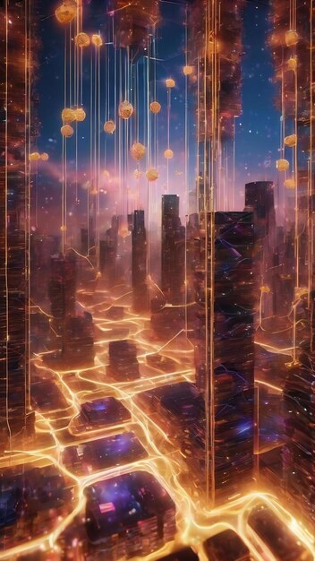 A futuristic cityscape representing a virtual world, where different blockchain games are integrated. The image showcases how players can seamlessly interact with various games and digital assets, highlighting the potential for interoperability and a connected metaverse.