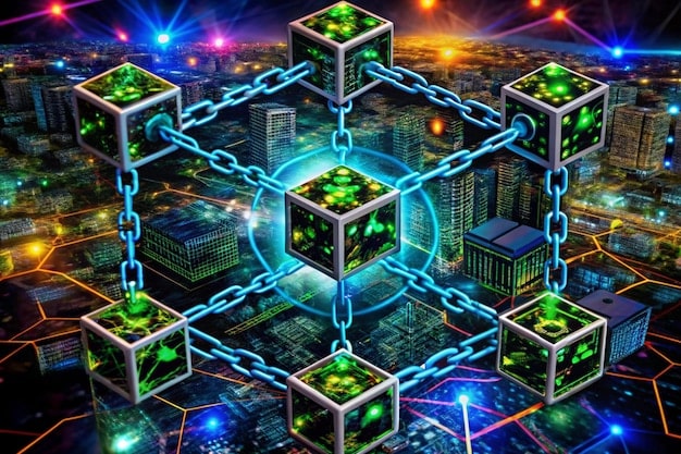 A graphical representation of a blockchain, showing interconnected blocks with data icons representing secure transactions within a government network.