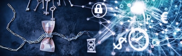 A conceptual image showing the prevention of fraudulent activities through blockchain. It includes representations of secure digital chains, digital locks, and verification icons, emphasizing the enhanced security and validation processes that blockchain enables in insurance.