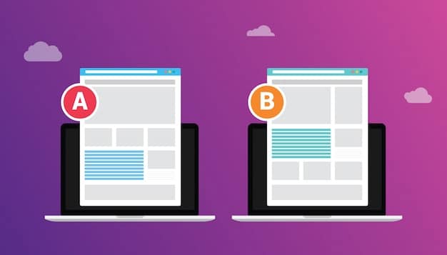 A split screen showing Version A and Version B of a website landing page. Version A has a blue call-to-action button, while Version B has a green one. Annotations indicate which elements are being tested.
