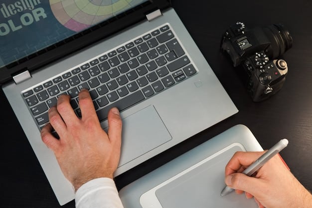 A close-up of a person's hands using video editing software on a laptop. The screen shows a timeline with various video and audio tracks, and tools for color correction, transitions, and text overlays are visible. The focus is on the creative process of crafting video content.