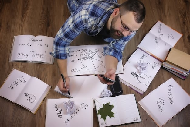 A person sitting at a desk, surrounded by sticky notes and sketches, brainstorming content ideas. The atmosphere is creative and collaborative, with a focus on developing unique and engaging content concepts.