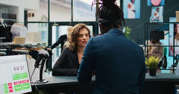 A customer service representative smiling while a holographic chatbot assistant helps manage customer inquiries on a large touchscreen interface. The setting is a modern, well-lit office environment.