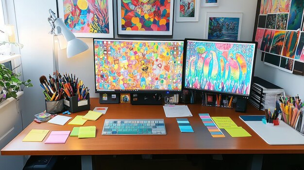 A well-organized workstation featuring a computer screen displaying Adobe Illustrator software, a graphic tablet, and various design tools. A hand is shown using a stylus to create intricate designs on the tablet, with a focus on precision and creativity. The scene conveys a professional design environment, emphasizing the tools and skills needed to create high-quality printables for Etsy.