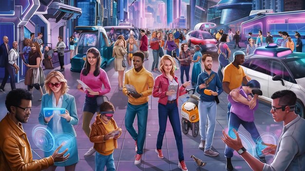 A vibrant metaverse scene showcasing avatars engaged in various income-generating activities, such as creating and selling digital art (NFTs), participating in virtual events, trading virtual real estate, and playing blockchain-based games that offer rewards, reflecting 'The Future of Online Income: Exploring Emerging Trends and Technologies' in virtual environments.