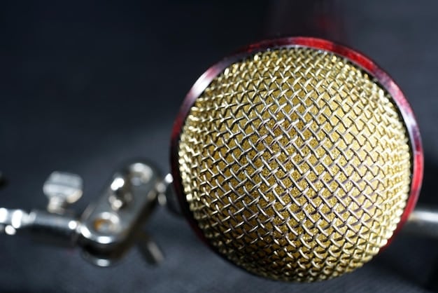 A close up image of a high-quality microphone with a pop filter, set on a podcasting desk with headphones and a laptop in the blurred background. The image emphasizes the importance of good equipment in how to start a profitable podcast: a step-by-step guide.