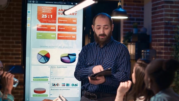 A person enthusiastically presenting social media analytics on a dashboard, with charts and data highlighting engagement rates and reach. Smiling and gesturing positively towards the screen represents marketing expertise and success, relating to how to make money online with virtual assistant services: a beginner's guide.