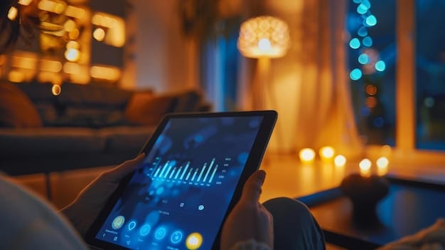 A glowing digital dashboard showcasing various financial metrics like spending, savings, and investments, with an AI assistant icon providing personalized financial tips.