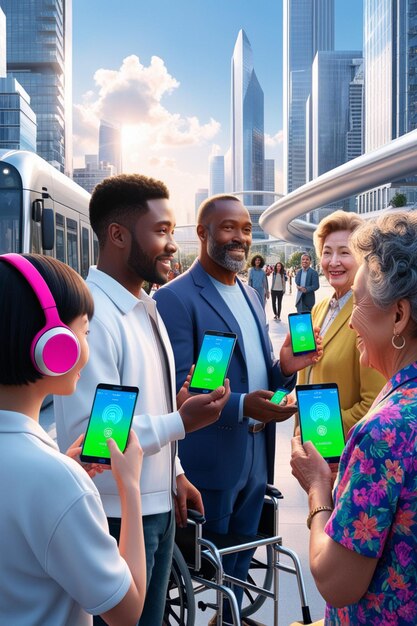 A diverse group of people using various fintech apps on their smartphones, highlighting customization and accessibility, with a blurred city skyline in the background.