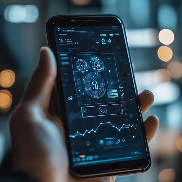 A close-up of a smartphone screen displaying a personal finance management app with multiple linked accounts, bright charts, and secure lock icons, illustrating data aggregation and security.